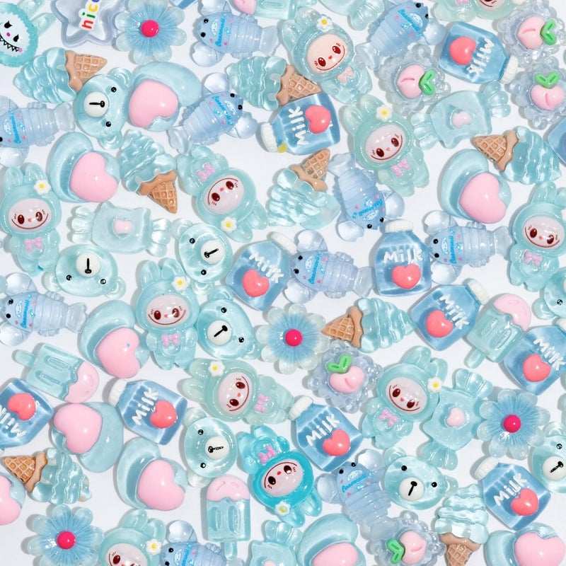 Decoden Charms 100PCS Mixed Kawaii Flatback Resin Charms for Crafts, Cabochon for DIY Projects, Slime Charm, Resin Art, Scrapbooking, Phone Case & Accessories (Blue) - Image 4